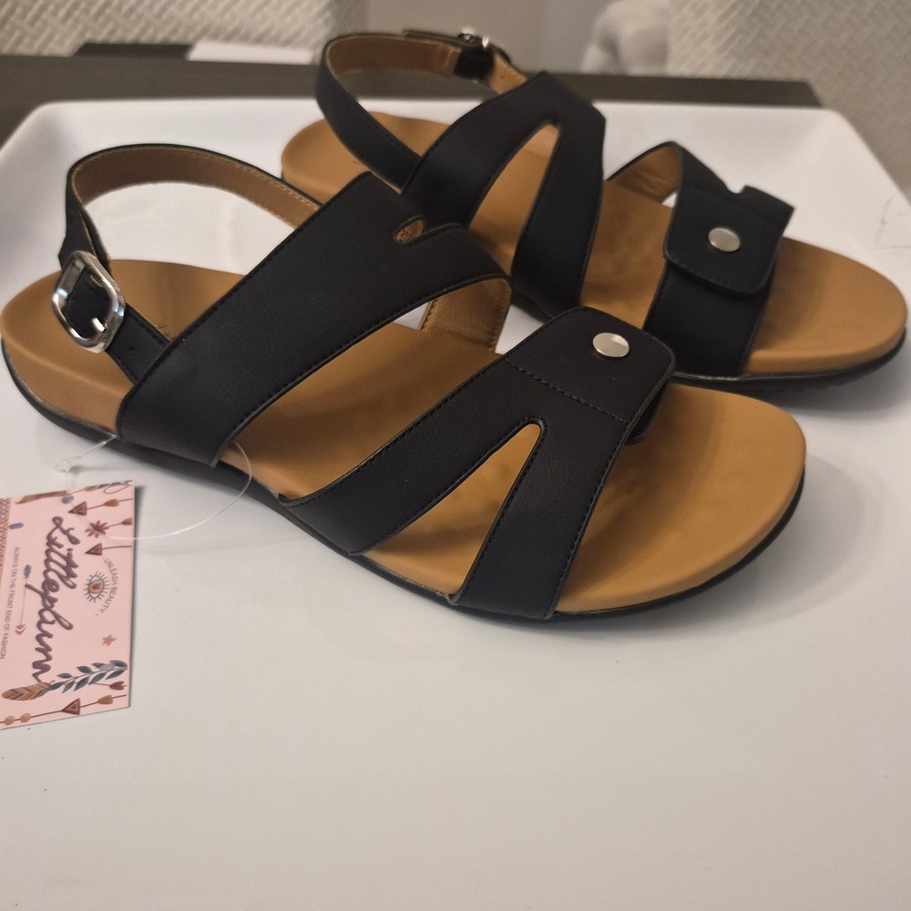 Littleplum Womens Black Strappy Flat Sandals Buckle Ankle Strap Silver Studs NWT